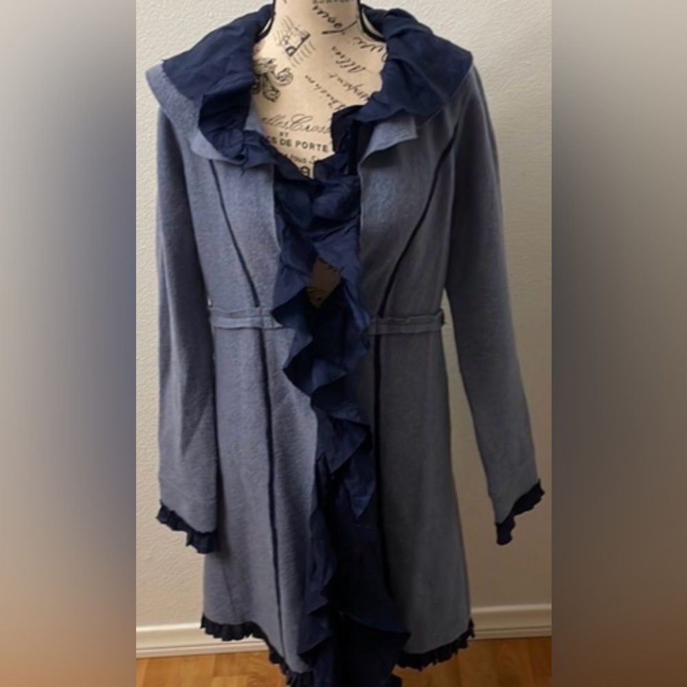 Sparrow Women's Blue and Dark Blue Ruffled Cardigan/Coat - Picture 7 of 7